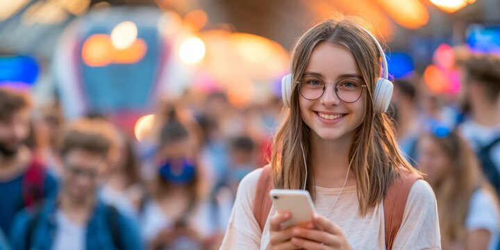Smiling traveler using a smartphone while waiting for a BLS train at a busy railway station capturing a travel moment with modern public transportation, warm evening light, and vibrant