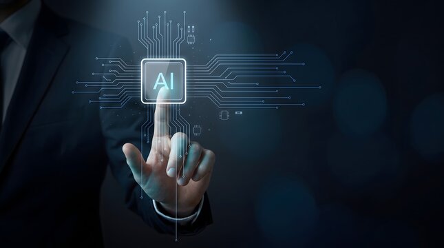 Businessman's finger touching AI circuit board interface