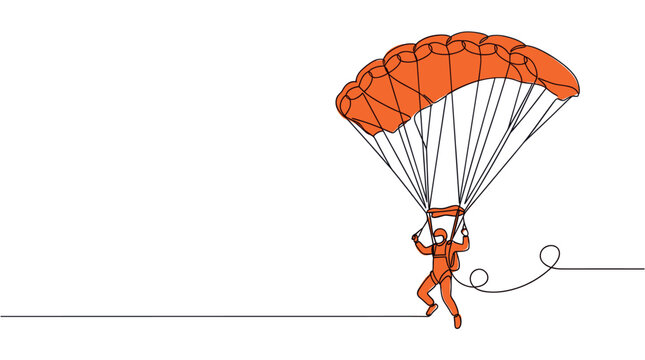 Continuous line drawing of a person with an orange parachute landing, depicted in a minimalist style on a clean white background