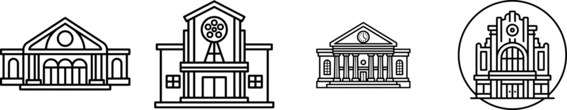 A minimalist black outline icon of a classic cinema building with Corinthian columns and a triangular pediment, set against a pure white background