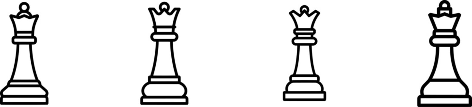 A minimalist black outline icon of a chess queen, featuring thick uniform lines against a pure white background, exudes elegance and strategic sophistication in its flat vector style
