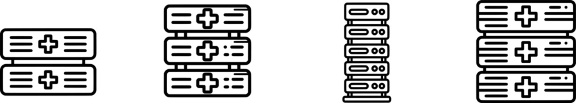 A minimalist icon of an unbranded modular medical data server rack, featuring two horizontal lines with plus signs for connectivity, set against a clean white background