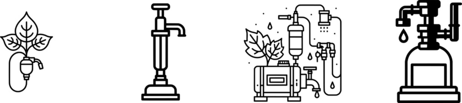 A minimalist icon of an unbranded automated hydroponic nutrient pump with a leafy plant emerging from its nozzle against a pure white background