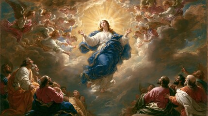 Fototapeta premium Classical religious artwork depicting the Assumption of the Blessed Virgin Mary surrounded by angels and apostles in radiant heavenly light, symbolizing faith, hope, glory, and Christian devotion.