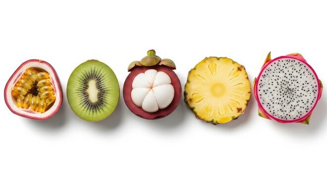 Sliced Exotic Tropical Fruits Row Isolated on White - Passion Fruit, Kiwi, Mangosteen, Pineapple, and Dragon Fruit