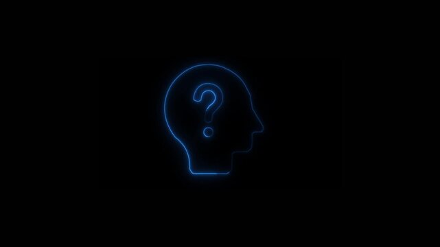 Glowing neon line Human head with question mark icon on black background. Neon glowing question mark with man head icon. 4k animation