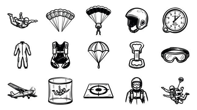 Various black and white hand-drawn skydiving icons are neatly arranged on a clean white background, depicting equipment and activities