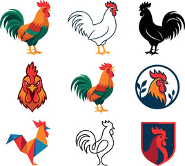 Organic Agriculture Rooster Mascot Logo Collection Vector Featuring Flat Cartoon Aggressive Taurus Shield Charging Bison Silhouette Low Poly Steed Continuous Lineart and Snarting Snout Elements © MdAsad