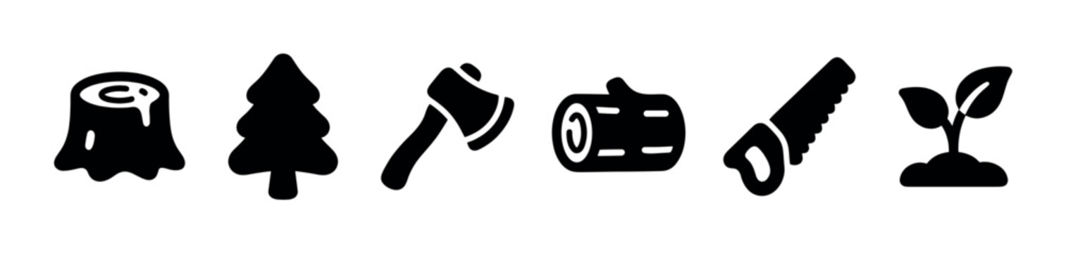 Collection of black silhouette icons depicting various forestry and woodworking elements, including a tree stump, pine tree, axe, log, hand saw, and a small plant sprout, all isolated on a