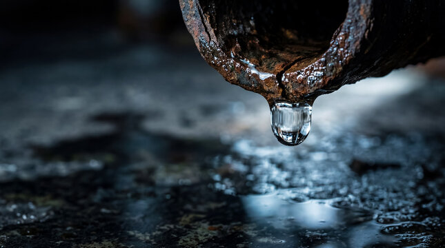 Water drips from rusty pipe creating puddle on wet concrete surface. Scene features dark setting with reflections visible. Concept of plumbing, maintenance, construction