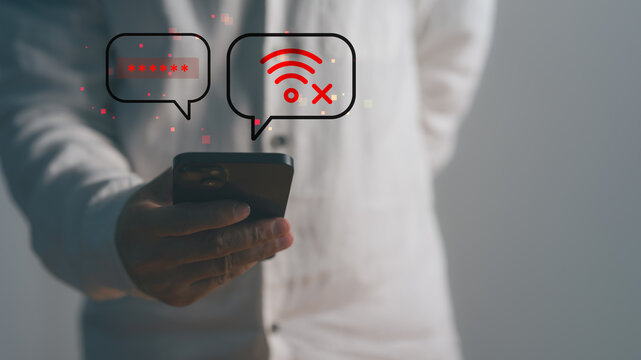Cybersecurity concept showing a person using a smartphone with password protection and no WiFi connection icons. Digital privacy, mobile security, network failure, secure access and cyber protection.