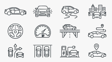 Dynamic Black and White Line Set of Various Car Related Icons and Scenarios with high quality professional line art symbols for modern creative design and digital branding projects © Rid