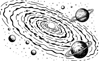 ミニマリストな白黒線画スタイルの、惑星と環を持つ渦巻銀河の手描きイラスト © Anjuman_42