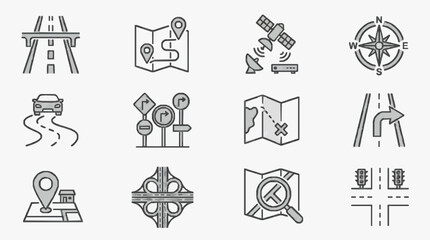 Fototapeta premium Dynamic Black and White Line Icons Set Featuring Navigation Road Signs GPS and Traffic Signals with high quality professional line art symbols for modern creative design and digital branding projects