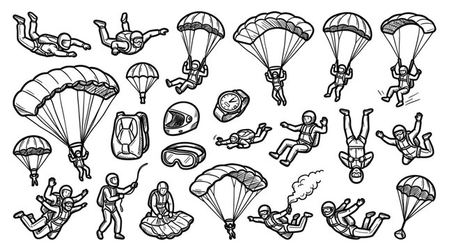 Various hand-drawn skydiving elements and parachutists in different poses, including helmets, goggles, and backpacks, on a clean white background