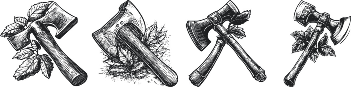A collection of vintage axe designs, featuring various styles and engravings.  