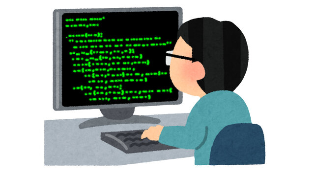Programmer sitting at a desk typing on a keyboard with bright green code lines on the computer monitor