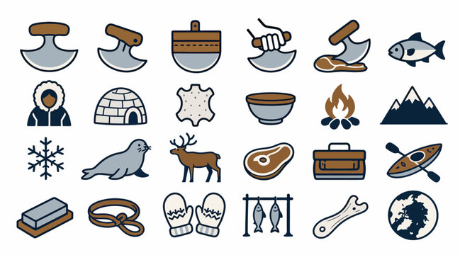 Flat Design Icons of Arctic Survival and Nature Elements.