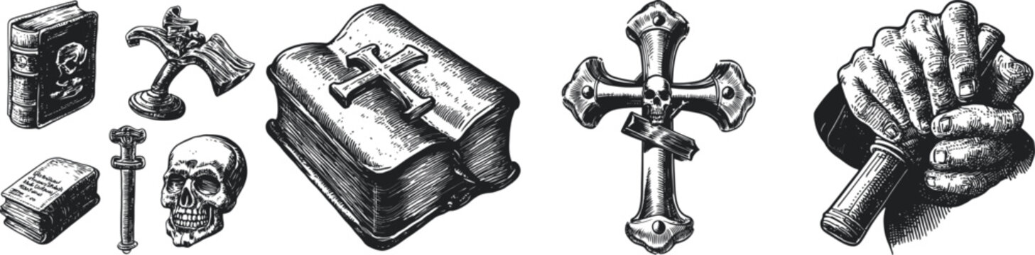 gothic artifacts, including a detailed illustrated Bible