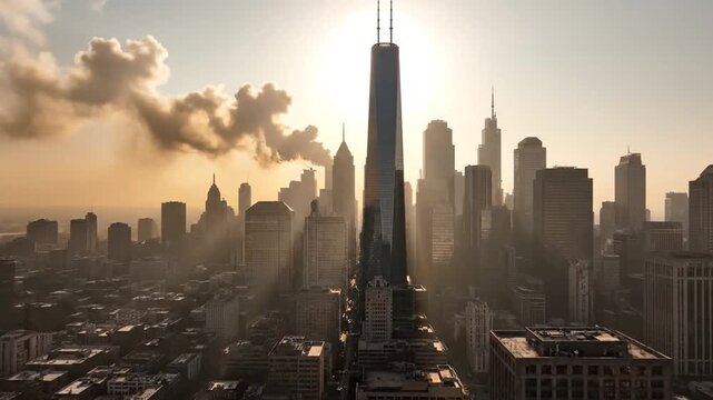 Aerial cityscape at golden hour with sun setting behind modern skyscrapers, urban sprawl and misty atmosphere.