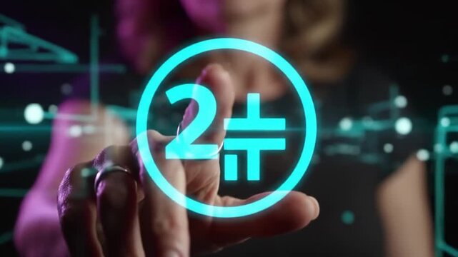 Person touching neon two factor authentication 2FA security icon in dark setting.