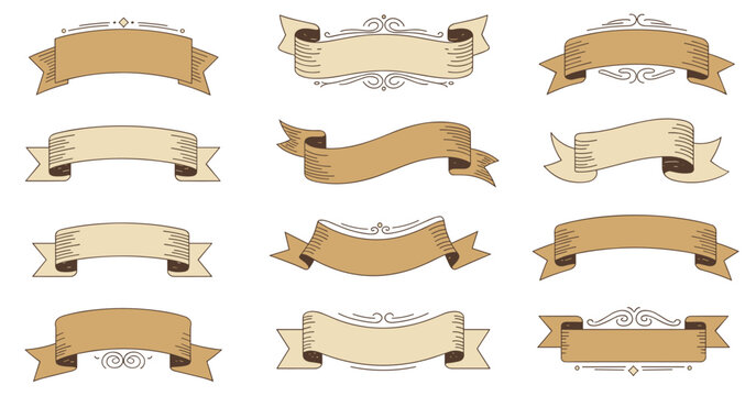 Decorative vintage ribbon banner set with curled ends ornamental flourishes swirls retro vector illustration