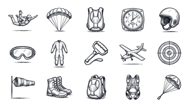 Various detailed black and white hand-drawn skydiving and parachuting equipment icons arranged neatly on a clean white background