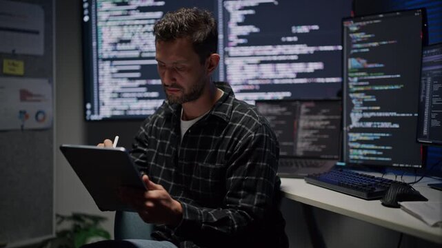 Caucasian man programmer holding tablet and writing note in front of multi display screens late at night.