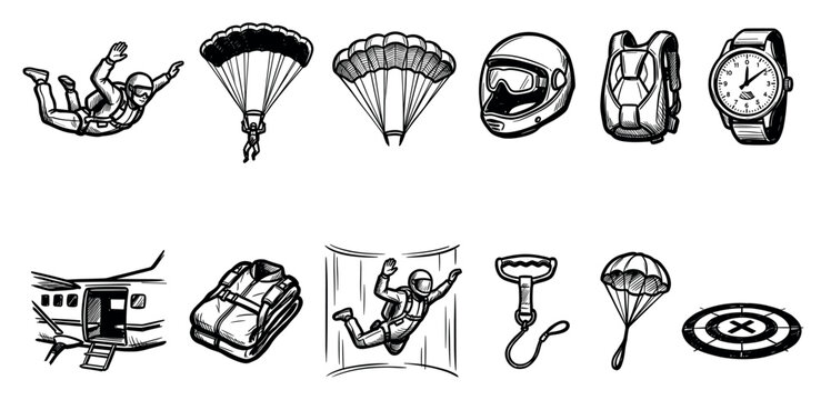Detailed black and white line art icons depicting various skydiving and parachuting elements on a clean white background