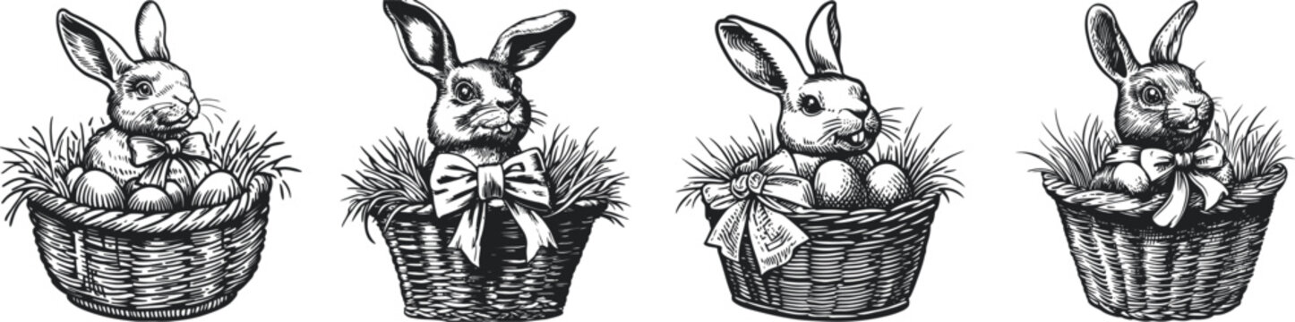 A vintage-style sketch featuring four adorable rabbits sitting in woven baskets decorated with bows, capturing a charming and nostalgic animal illustration perfect for seasonal or decorative use.