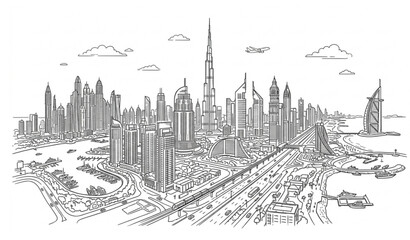 Fototapeta premium Modern Dubai skyline panoramic hand drawn vector illustration isolated on white
