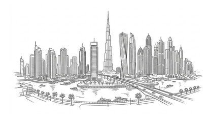 Fototapeta premium Dubai architectural skyline line art vector illustration isolated on white
