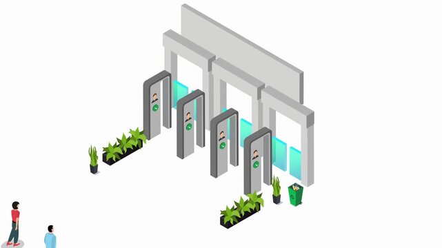 Isometric Security Turnstile Gates with Facial Recognition Scanners for Office or Metro Entrance Security 3d animation cartoon