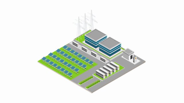 Isometric Solar Power Plant and Substation with Renewable Energy Infrastructure and Electric Grid Towers 3d animation cartoon