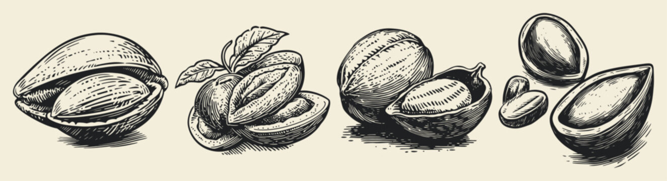 A detailed hand-drawn sketch featuring a variety of nuts including pistachios, walnuts, hazelnuts, and almonds, showcasing natural textures and botanical details.