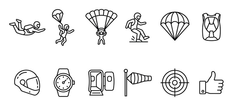 Collection of black outline skydiving and extreme sport icons on a clean white background, depicting various activities and gear