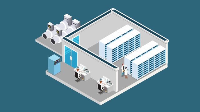Isometric Data Center and Server Room with Technicians and Cooling System 3d animation cartoon