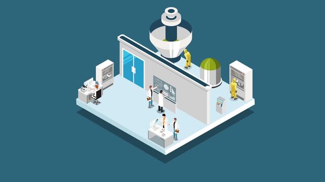 Isometric Scientific Research Laboratory with Scientists, Tech Equipment, and Hazard Cleanroom Facility 3d animation cartoon