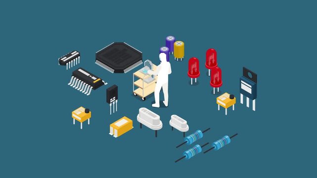 Isometric Electronic Components and Microchips Collection with Engineer Figure 3d animation cartoon