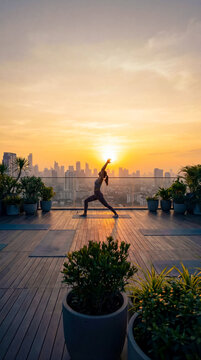 Woman performs yoga pose on rooftop at sunset with city skyline view. Warm colors fill the sky, creating a tranquil scene. Concept of fitness, wellness, lifestyle
