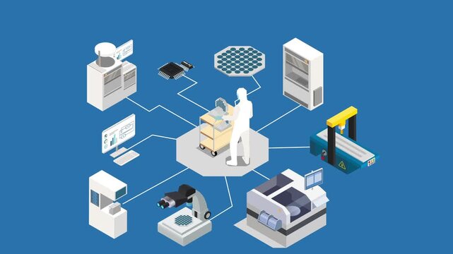 Isometric Semiconductor Cleanroom Manufacturing and Microchip Production Flowchart 3d animation cartoon