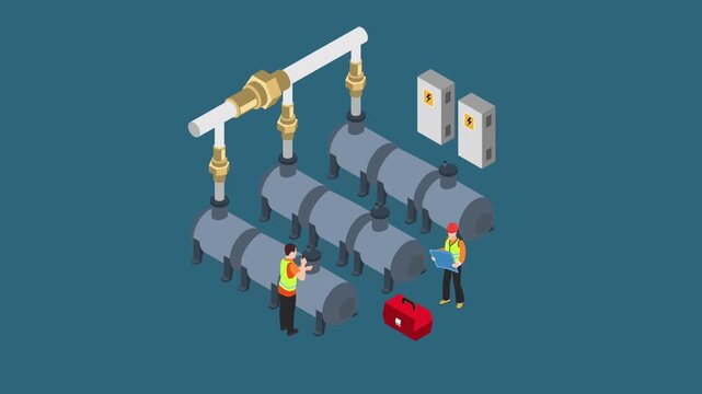 Isometric Industrial Pipe System and Water Tanks with Engineers 3d animation cartoon