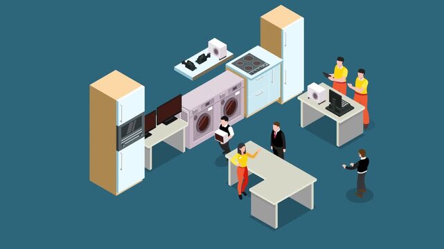 Isometric Home Appliance Store with Customers and Electronic Goods 3d animation cartoon