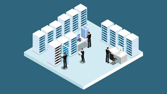 Isometric Data Center Server Room with IT Technicians and Engineers Managing Network Hardware Infrastructure 3d animation cartoon