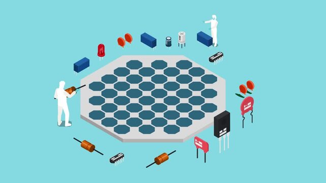 Isometric Silicon Wafer Production Flowchart with Electronic Components and Lab Engineers 3d animation cartoon