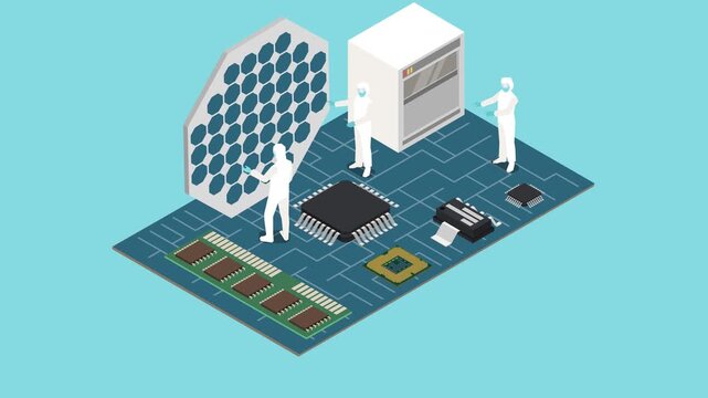 Isometric Circuit Board and Semiconductor Manufacturing with Technicians in Hazmat Suits 3d animation cartoon