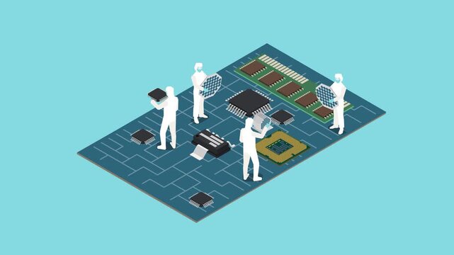 Isometric Circuit Board Assembly and Microchip Manufacturing with Lab Technicians 3d animation cartoon