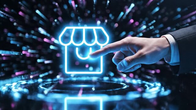 Professional hand reaching towards neon storefront symbol in bokeh.