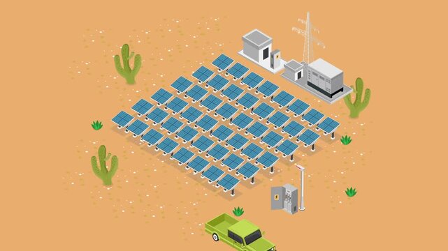Isometric Solar Power Plant Station in Desert with Engineers Concept 3d animation cartoon