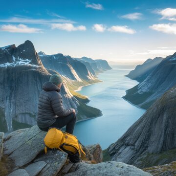 Hiker sitting on a rocky cliff edge overlooking a fjord landscape in norway with dramatic steep mountains and calm blue water under a bright sunny sky during day